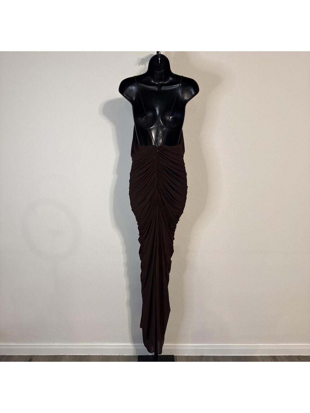 Ronny Kobo Anya Spaghetti Strap Brown Ruched Maxi Cocktail Dress - XL - Picture 9 of 12